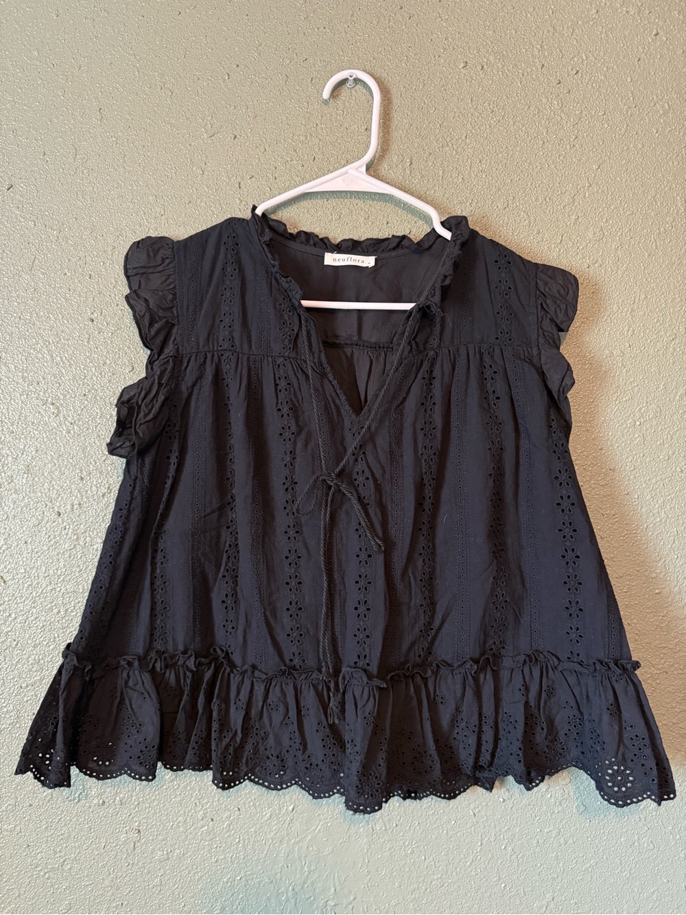 Neuflora Black Eyelet Ruffle Peasant Top